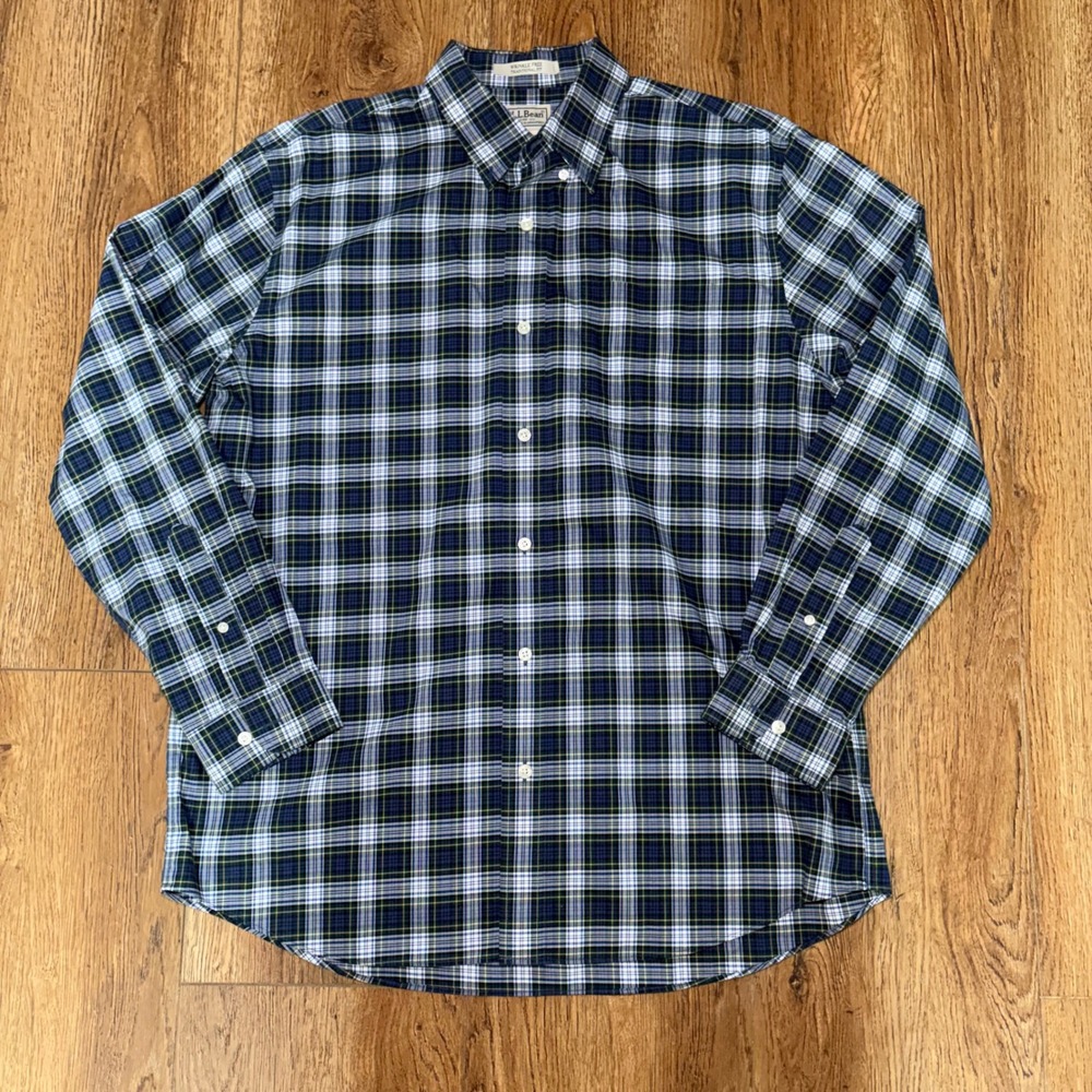 LL‎ Bean Mens Large Traditional Fit Wrinkle Free Plaid Cotton Shirt Blue Green
